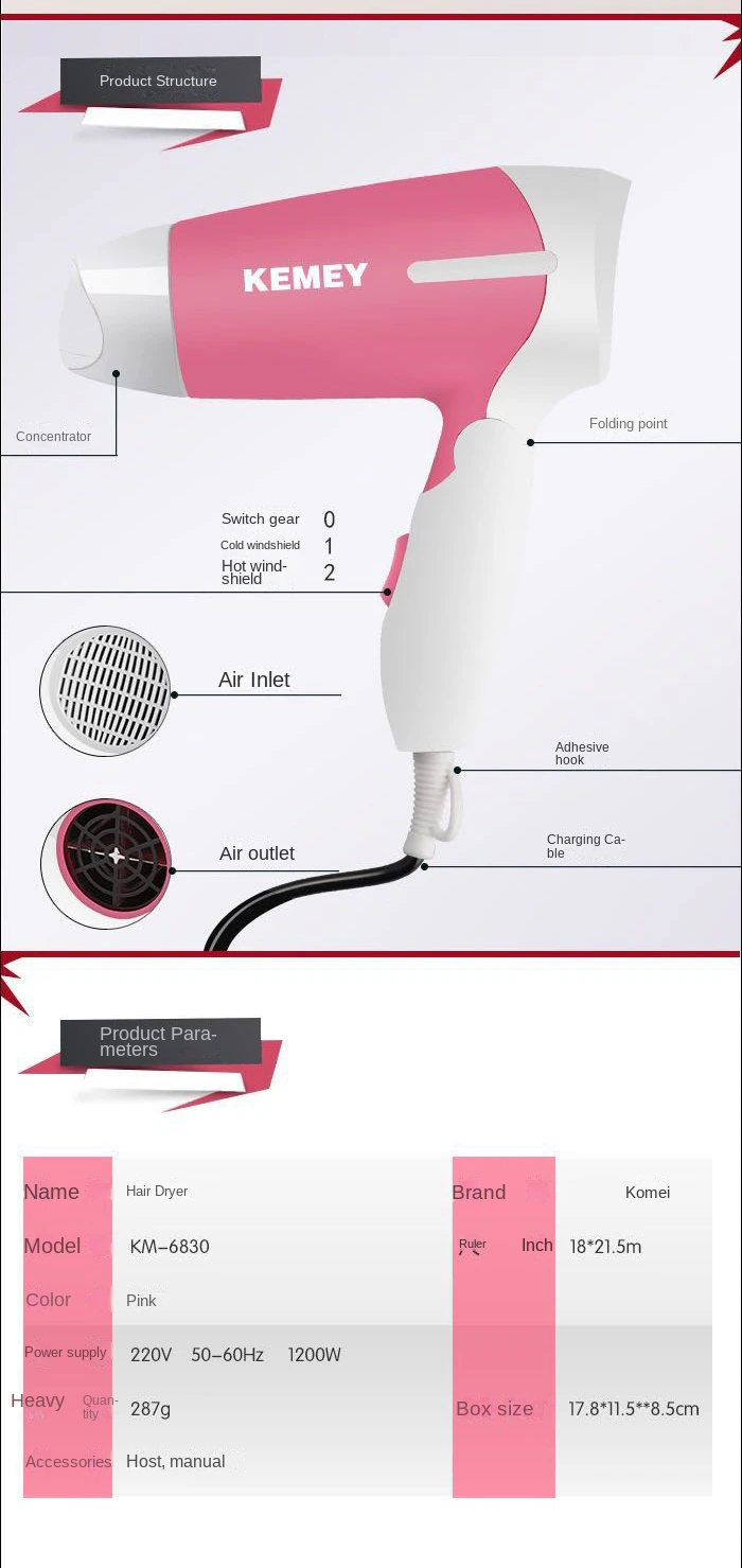 Kemey hair dryer KM-6830 foldable hair dryer for student and travel