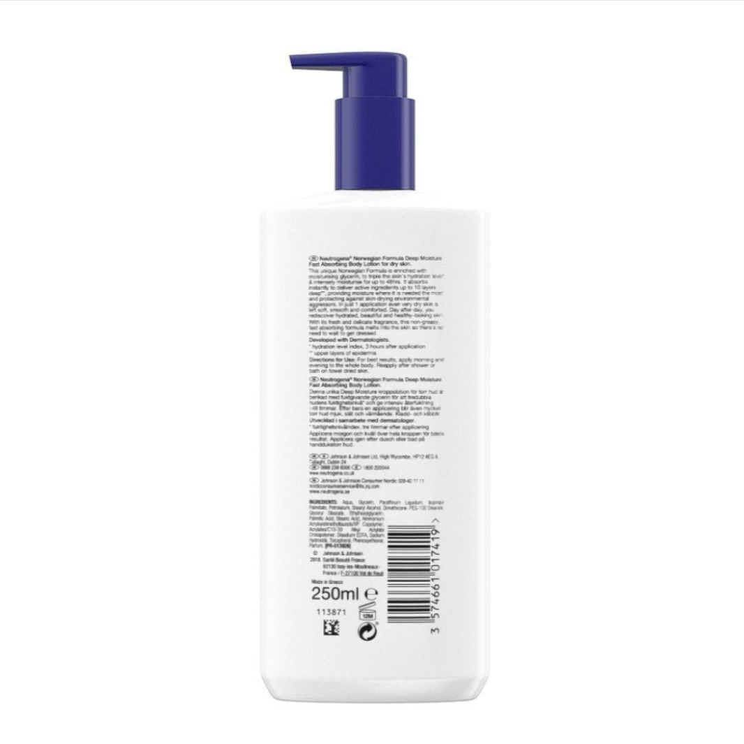 Neutrogena Deep Moisture Dry Body Lotion, Fast Absorbing Body Lotion For Dry Skin, 250ml