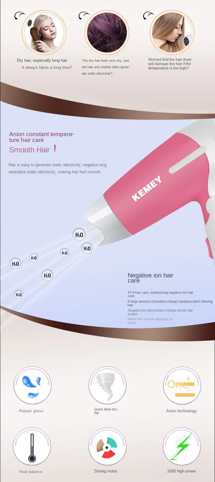 Kemey hair dryer KM-6830 foldable hair dryer for student and travel