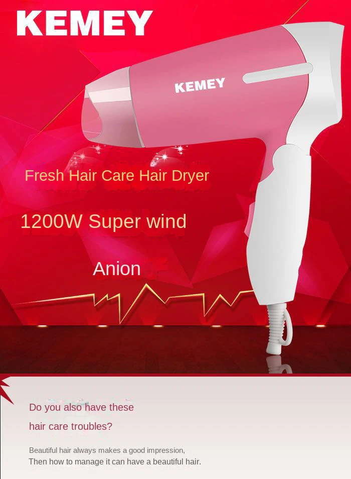 Kemey hair dryer KM-6830 foldable hair dryer for student and travel